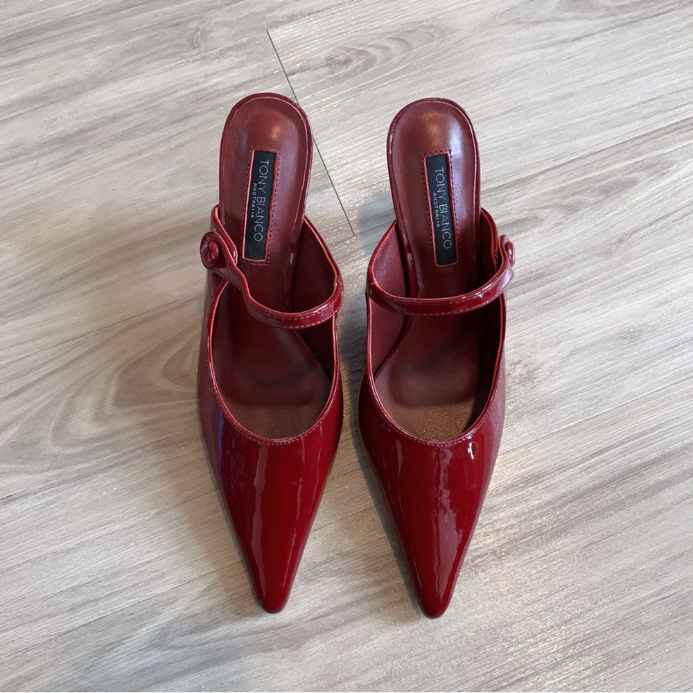 NWOT Price Firm Tony Bianco Sleek Burgundy Red Mary Jane Mules Heels $219